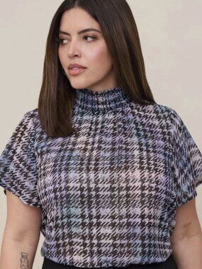 Torrid Chiffon Mock Neck Plaid Top 2X